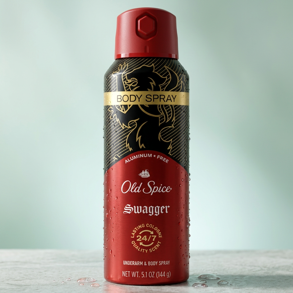 Old Spice Swagger body spray on a fresh, cool-toned studio background